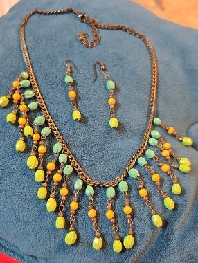 Handcrafted Green & Blue & Orange Gemstone Beaded Fringe Necklace & Earrings Set